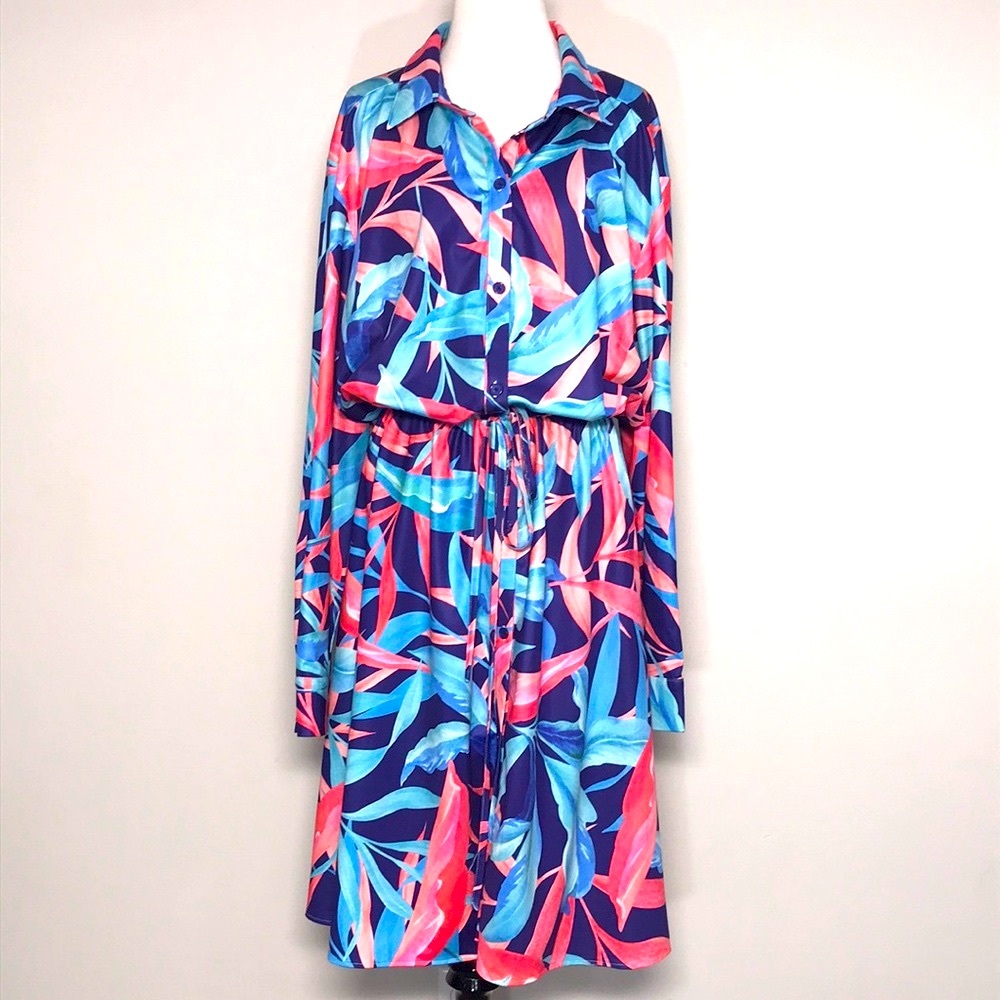 Hutch Women’s Blue & Coral Floral Midi Shirt Dress Size 3X
